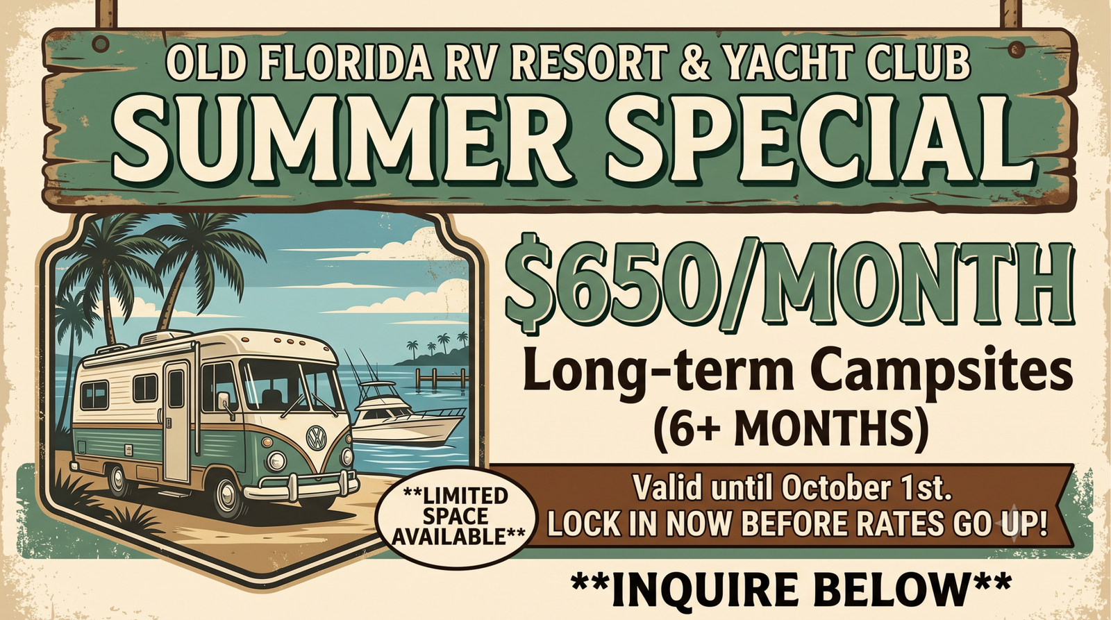 Old Florida RV Resort summer special graphic with vintage camper illustration advertising $650 per month long-term campsites through October 1st.